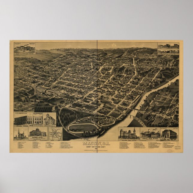 1887 Macon, GA Birds Öga View Panoramic Karta Poster (Framsidan)