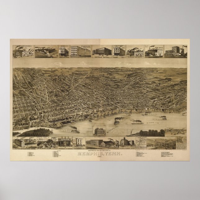 1887 Memphis, TN Birds Öga View Panoramic Karta Poster (Framsidan)