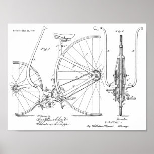 1887 Vintage Konstruktionspatentutskrift för cykel Poster