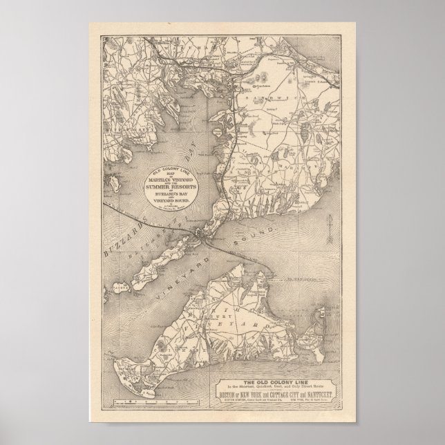 1888 Old Colony Railroad Marthas Vineyard Karta Poster (Framsidan)