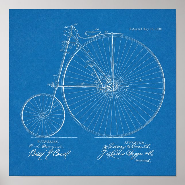 1888 Patent Art-utskrift för höghjulscykeldesign Poster (Framsidan)