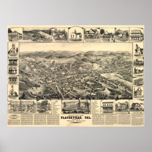1888 Placerville CA Birds Öga View Panoramic Karta Poster