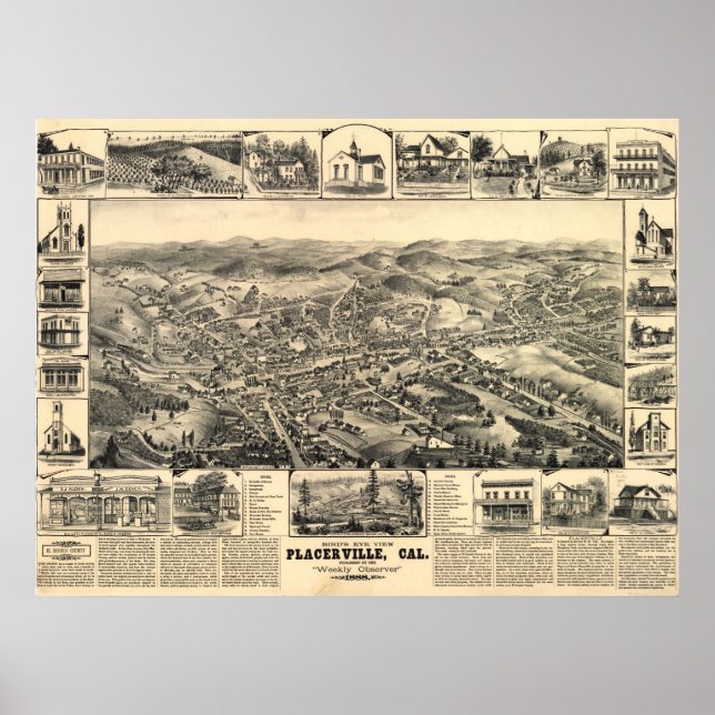 1888 Placerville CA Birds Öga View Panoramic Karta Poster (Framsidan)