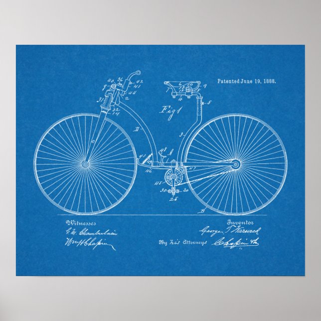 1888 Vintage Bicycle Patent Blueprint Art-utskrift Poster (Framsidan)