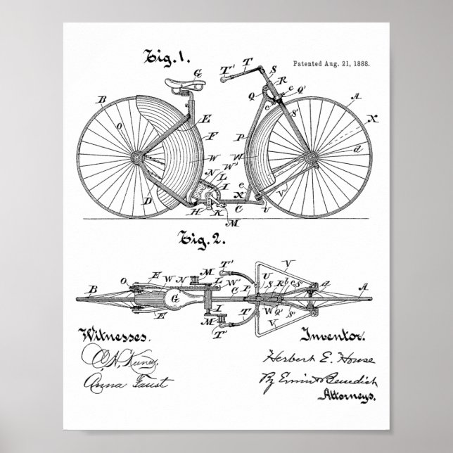 1888-Vintage Konstruktionspatentutskrift för cykli Poster (Framsidan)