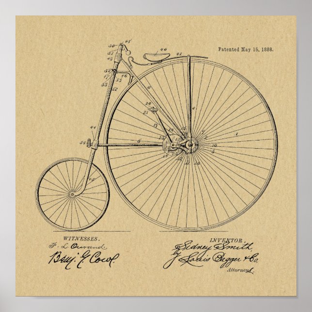 1888-Vintages höghjulscykelpatentutskrift Poster (Framsidan)
