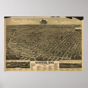 1889 Lincoln, NE Birds Öga View Panoramic Karta Poster