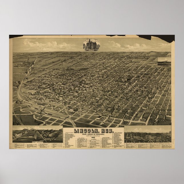 1889 Lincoln, NE Birds Öga View Panoramic Karta Poster (Framsidan)