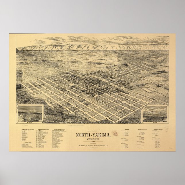 1889 North Yakima, WA Birds Öga View Panoramic Kar Poster (Framsidan)