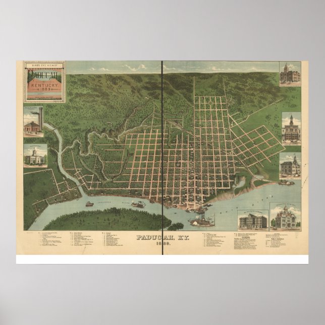 1889 Paducah, KY Birds Öga View Panoramic Karta Poster (Framsidan)