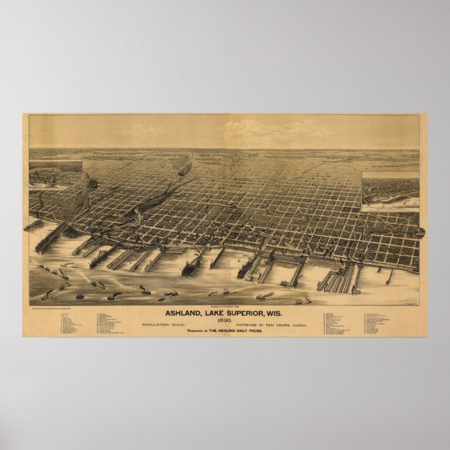 1890 Ashland, WI Birds Öga View Panoramic Karta Poster (Framsidan)