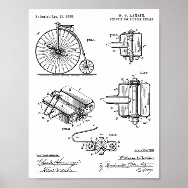 1890 Cycle High Wheeler Pedal Design Patent Art Poster (Framsidan)