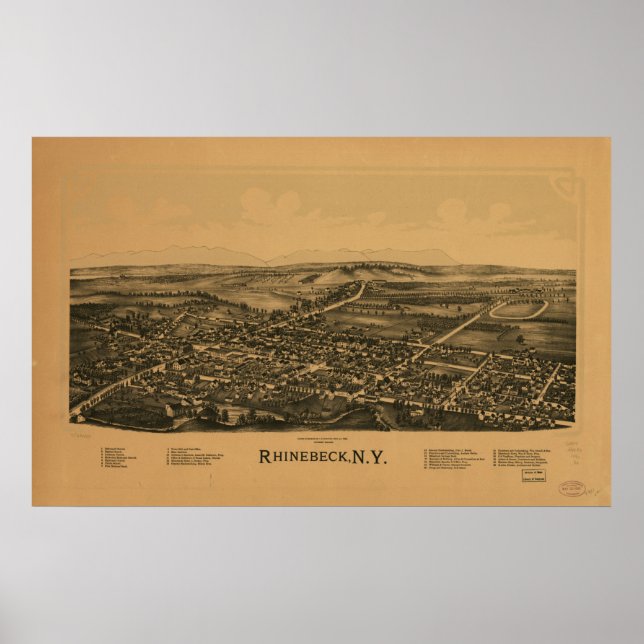 1890 Rhinebeck, NY Birds Öga View Panoramic Karta Poster (Framsidan)