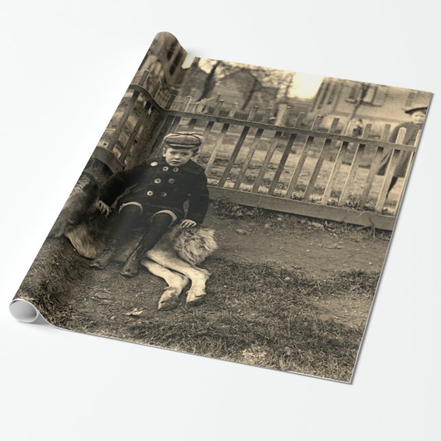 1890:s Boy Sitta på St Bernard Hund Photograph Presentpapper (Utrullad)