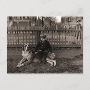 1890:s Boy Sitta på St Bernard Hund Photograph Vykort