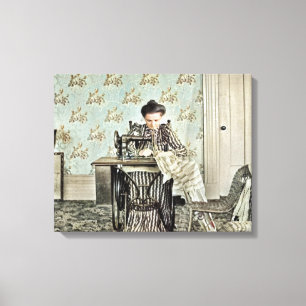 1890-talets kvinna på Sewing Maskin Photo Tinting Canvastryck
