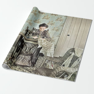 1890-talets kvinna på Sewing Maskin Photo Tinting Presentpapper