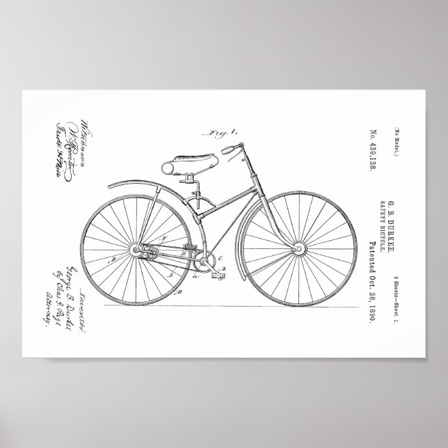 1890-Vintagars Bicycle Patent-designutskrift Poster (Framsidan)