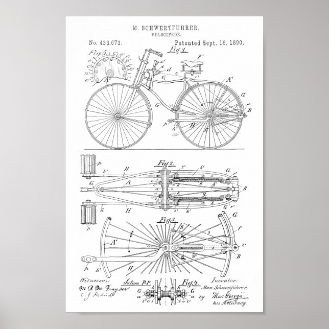 1890-Vintagars utskrift av cykeldesignpatent Poster (Framsidan)