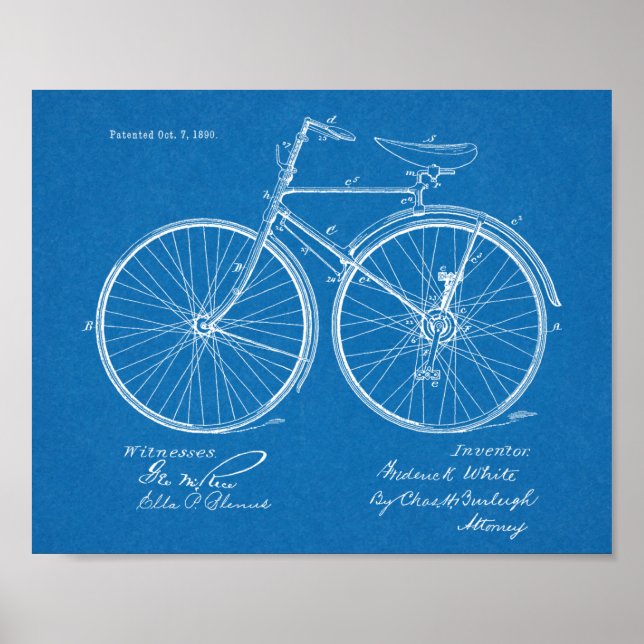 1890-Vintagars utskrift av cykeldesignpatent Poster (Framsidan)