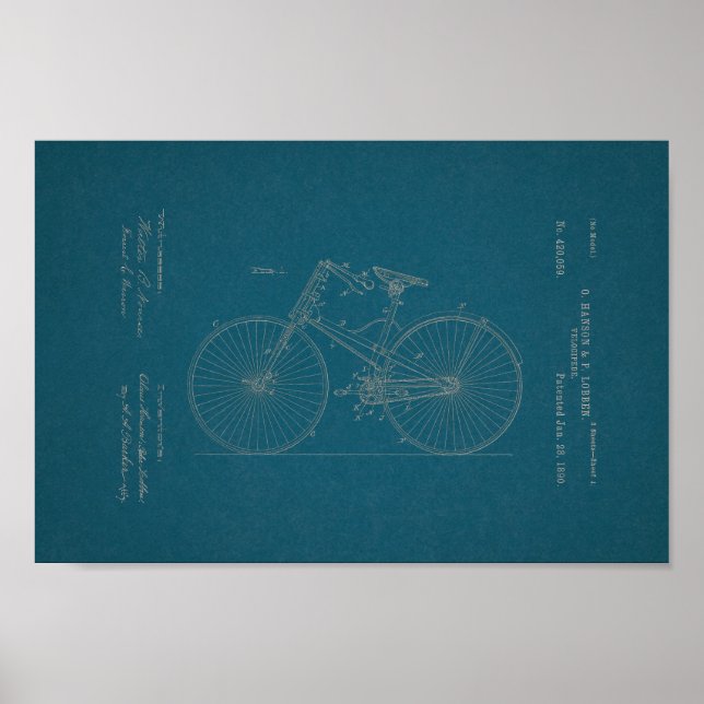 1890-Vintagars utskrift av cykelpatent Poster (Framsidan)