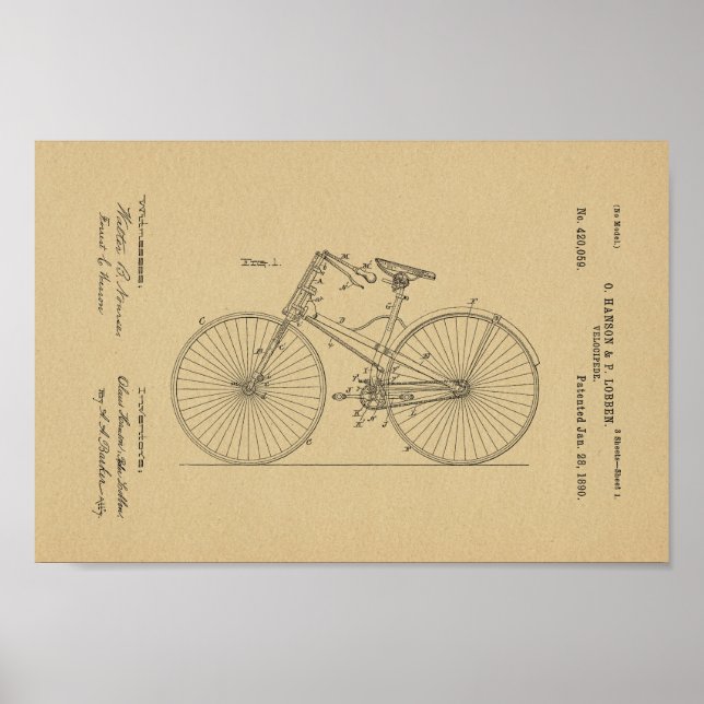 1890 Vintage Bicycle Velocipede Patent Art Print Poster (Framsidan)