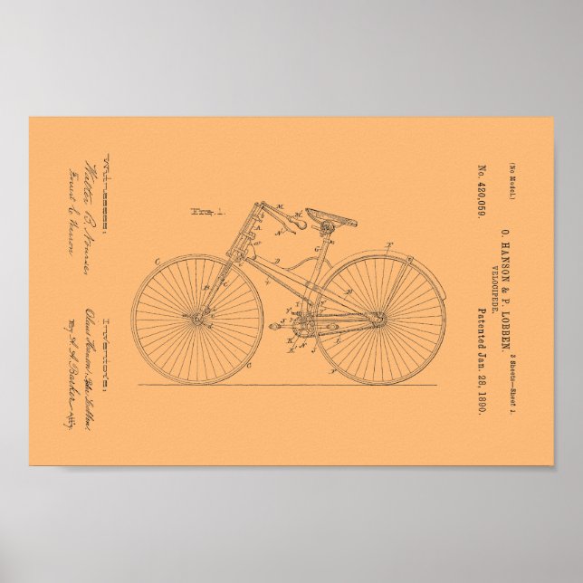 1890 Vintage Cycle Velocipede Patent Print Poster (Framsidan)