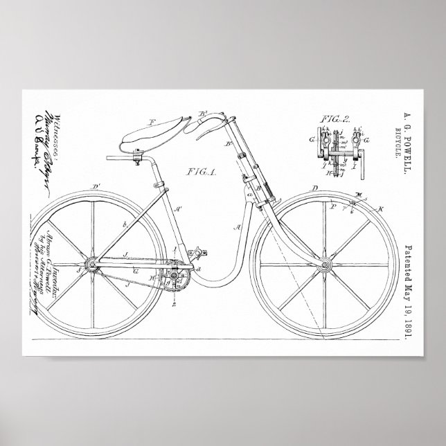 1891 Cycle Patent Art Teckning Skriv ut Poster (Framsidan)