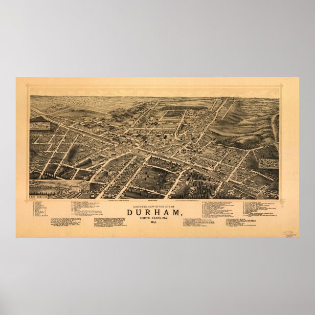 1891 Durham, NC Birds Öga View Panoramic Karta Poster (Framsidan)