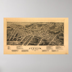 1891 Durham, NC-fågelöga beskådar den panorama- Poster
