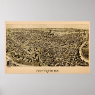 1891 Karta av Fort Worth, Texas Birds Öga View Poster