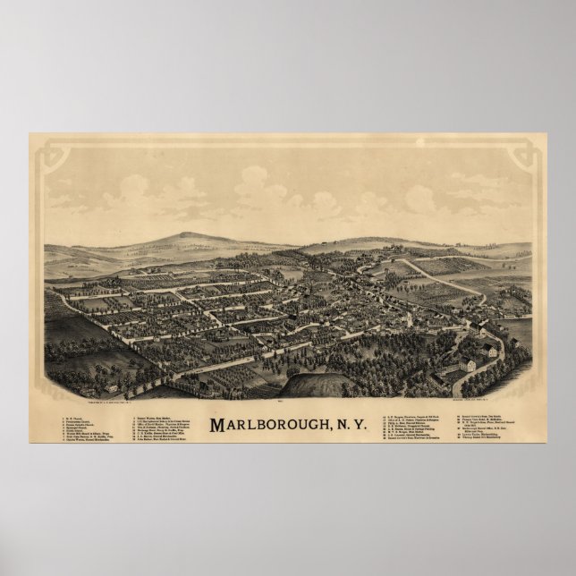 1891 Marlborough, NY Birds Öga View Panoramic Kart Poster (Framsidan)