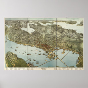 1891 Seattle, WA-fågelöga beskådar den panorama Poster