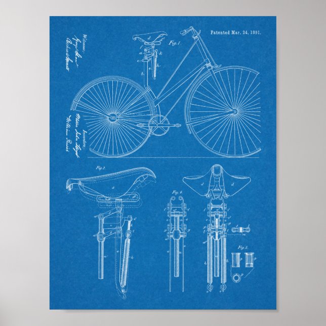 1891 Vintage Bicycle Design Patent Art Print Poster (Framsidan)