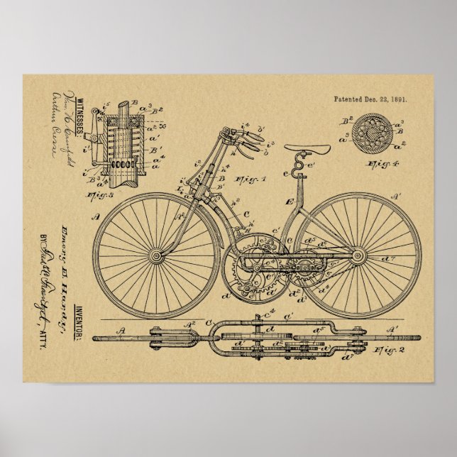 1891 Vintage Bicycle Gear Design Patent Art-utskri Poster (Framsidan)