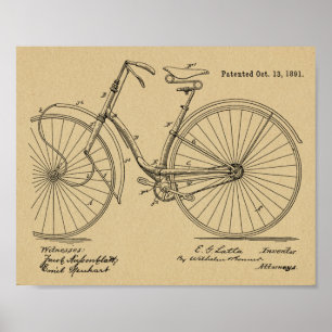 1891 Vintage Konstruktionspatentutskrift för cykel Poster