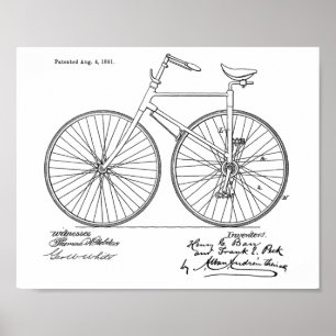 1891 Vintage Konstruktionspatentutskrift för cykel Poster