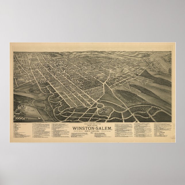 1891 Winston Salem NC Birds Öga View Panoramic Kar Poster (Framsidan)