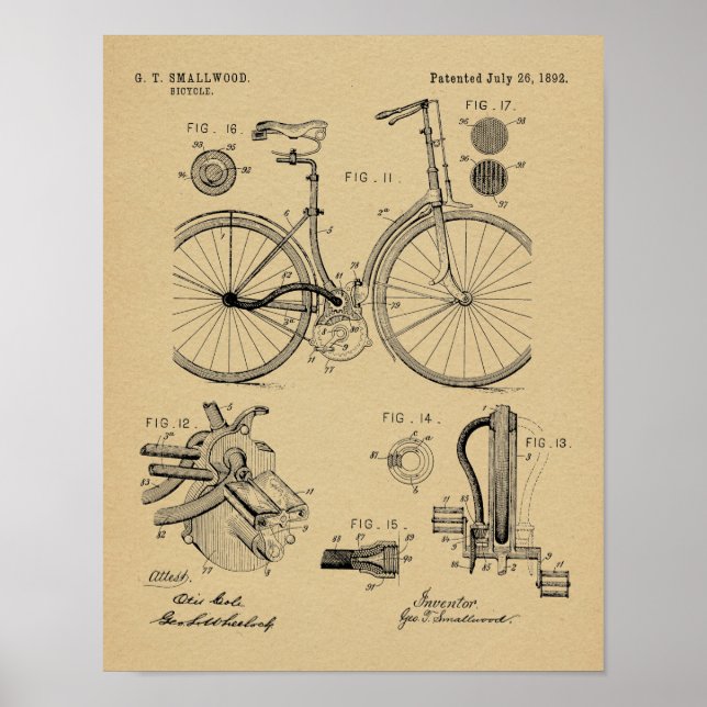 1892 Chainless Bicycle Patent Art Teckning Skriv u Poster (Framsidan)
