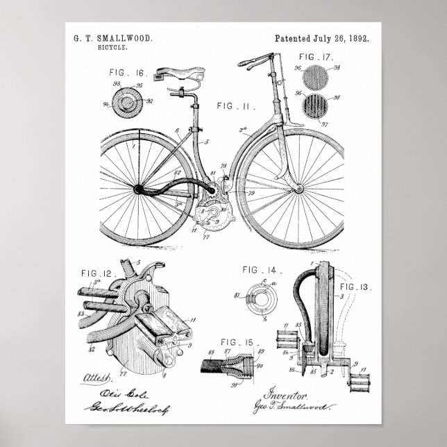 1892 Chainless Bicycle Patent Art Teckning Skriv u Poster (Framsidan)