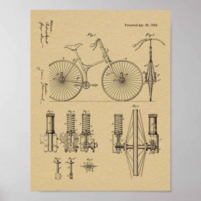 1892 Kontentutskrift av cykelns suspensionsdesign Poster (Framsidan)