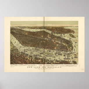 1892 New York & Brooklyn Birds Öga Panoramic Karta Poster