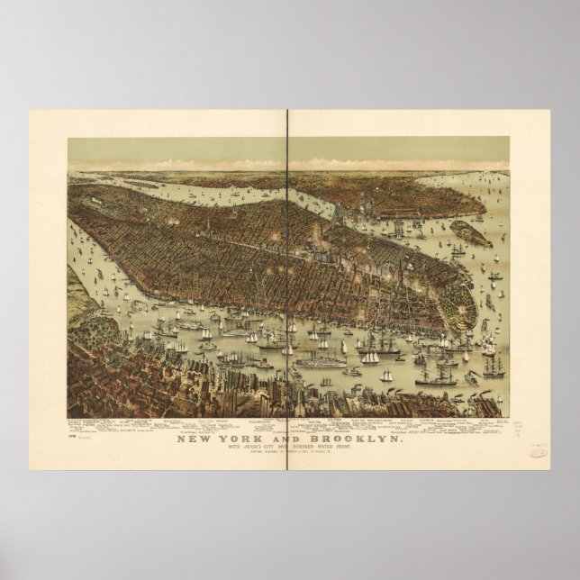 1892 New York & Brooklyn Birds Öga Panoramic Karta Poster (Framsidan)