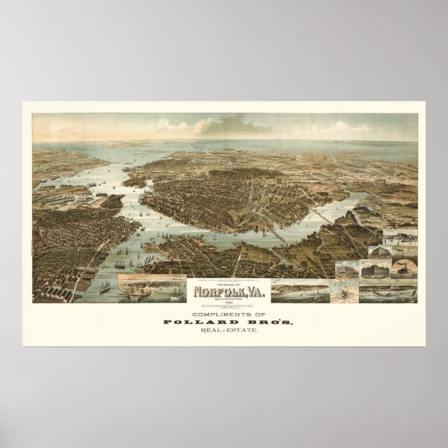 1892 Norfolk, VA Bird's Öga View Panoramic Karta Poster (Framsidan)