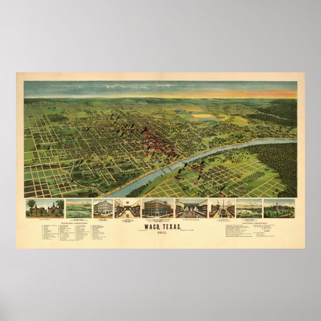 1892 Waco, TX Birds Öga View Panoramic Karta Poster (Framsidan)