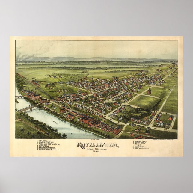 1893 Aerial Karta Royersford PA Pennsylvania Poster (Framsidan)