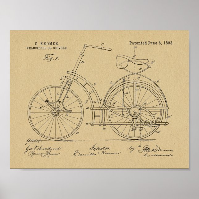1893 Chainless Bicycle Patent Art Teckning Skriv u Poster (Framsidan)