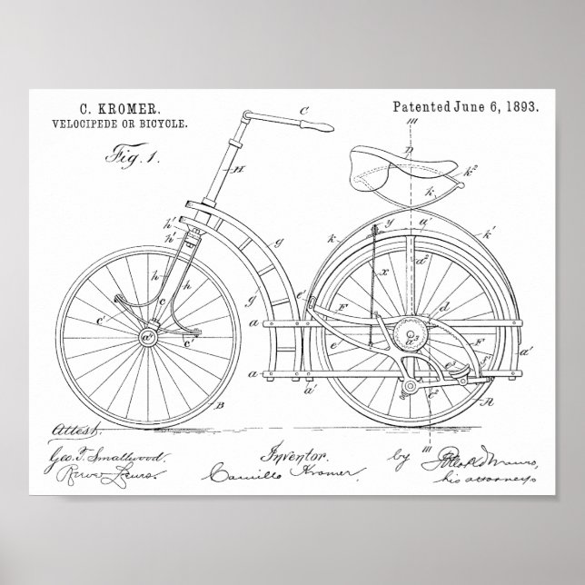 1893 Chainless Bicycle Patent Art Teckning Skriv u Poster (Framsidan)