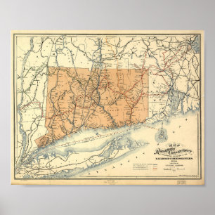 1893 Connecticut Railways Karta, Vintage Poster