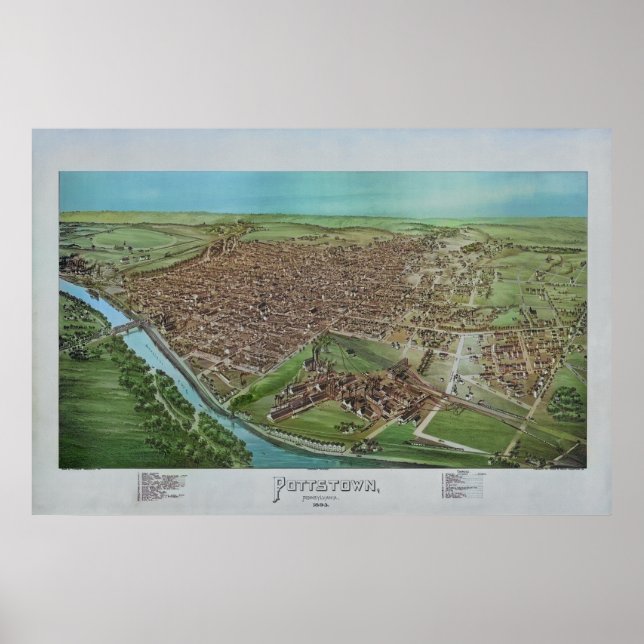 1893 Panoramic Karta Pottstown PA Pennsylvania Poster (Framsidan)